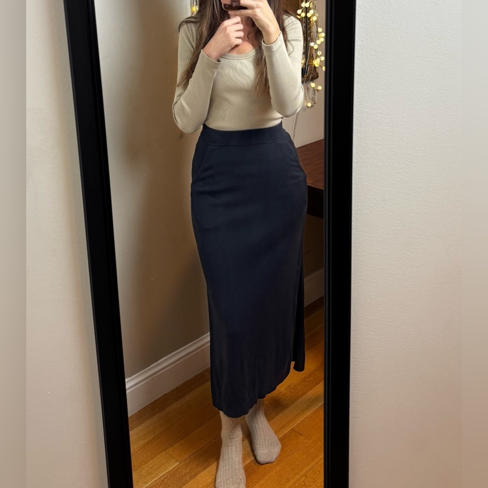 Peruvian Connection Dark Navy knit midi Skirt cotton pencil skirt with pockets